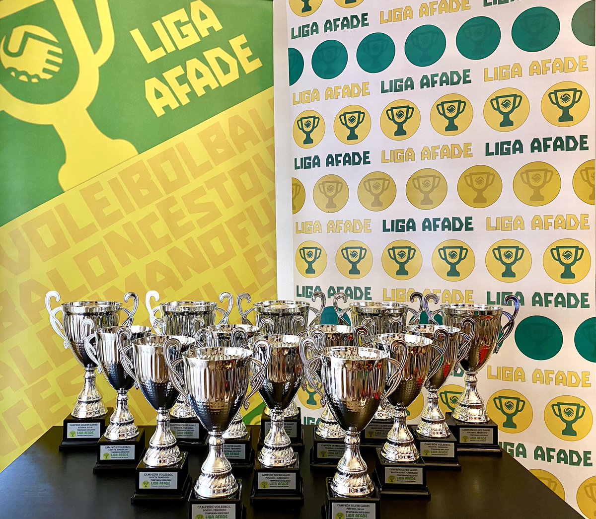 LigaAFADE's tweet photo. Un año más de la mano de @deportesestadio , facilitándonos todos los trofeos para está gran temporada!! 

Siempre agradecidos por su trabajo y profesionalidad!!

💚 🏆 💛 https://t.co/MaHJxXkIP3