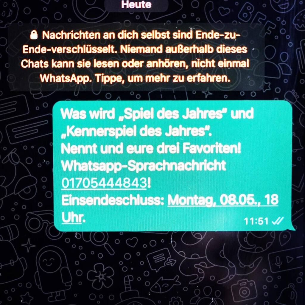 Werft mit uns die Glaskugeln an. Welche drei Spiele werden nominiert zum "Spiel des Jahres 2023" und welche drei für das "Kennerspiel des Jahres 2023". Was sind eure Tipps? Schickt uns eine Whatsapp-Sprachnachricht an die 01705444843. (Und nennt auch euren Namen)
Einsendesch…