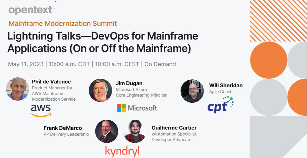 MistyMVD's tweet image. Hear different perspectives through several short talks on modernizing DevOps process for your mainframe at the #OpenText Mainframe Modernization Summit. Register now to attend live or to watch on demand. #MainframeMod23 #MyCompany bit.ly/3APfoXV