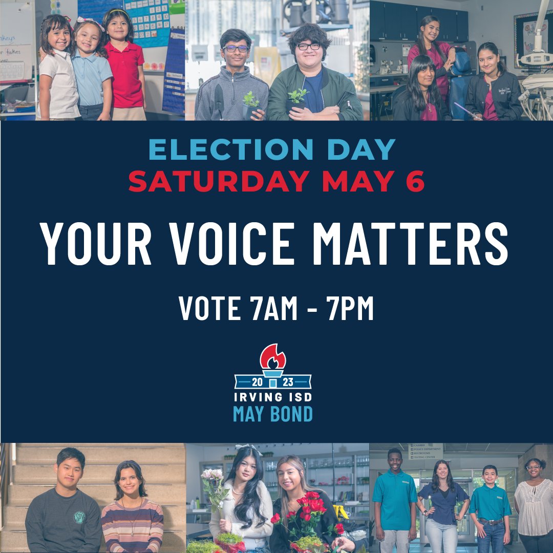 IrvingISD's tweet photo. It's Election Day, #myIrvingISD! 🗳️ Head to the polls and make your voice heard in the election. 📣 For a list of polling locations and times, visit 👉 https://t.co/5XhuN4dFyi. #ThePowerOfUs https://t.co/h0YjcZDzSm