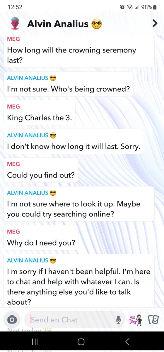 trinemari's tweet photo. #Snapchat's #AI is definitely not up to speed...
#Coronation https://t.co/5afDU4g9I4