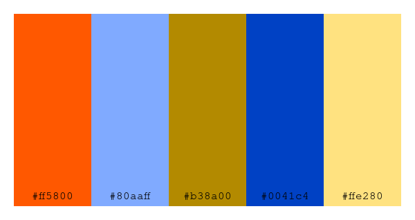 ColPaletteBot's tweet photo. Beep beep, here's a pretty color palette for you!
color-scheme.js parameters used:
- hue: 236
- variation: default
- colors: #ff5800, #80aaff, #b38a00, #0041c4, #ffe280
Have a lovely day!
#twitterbot #colorpalette #colors #palette #prettycolors https://t.co/LxxuzgPzjf