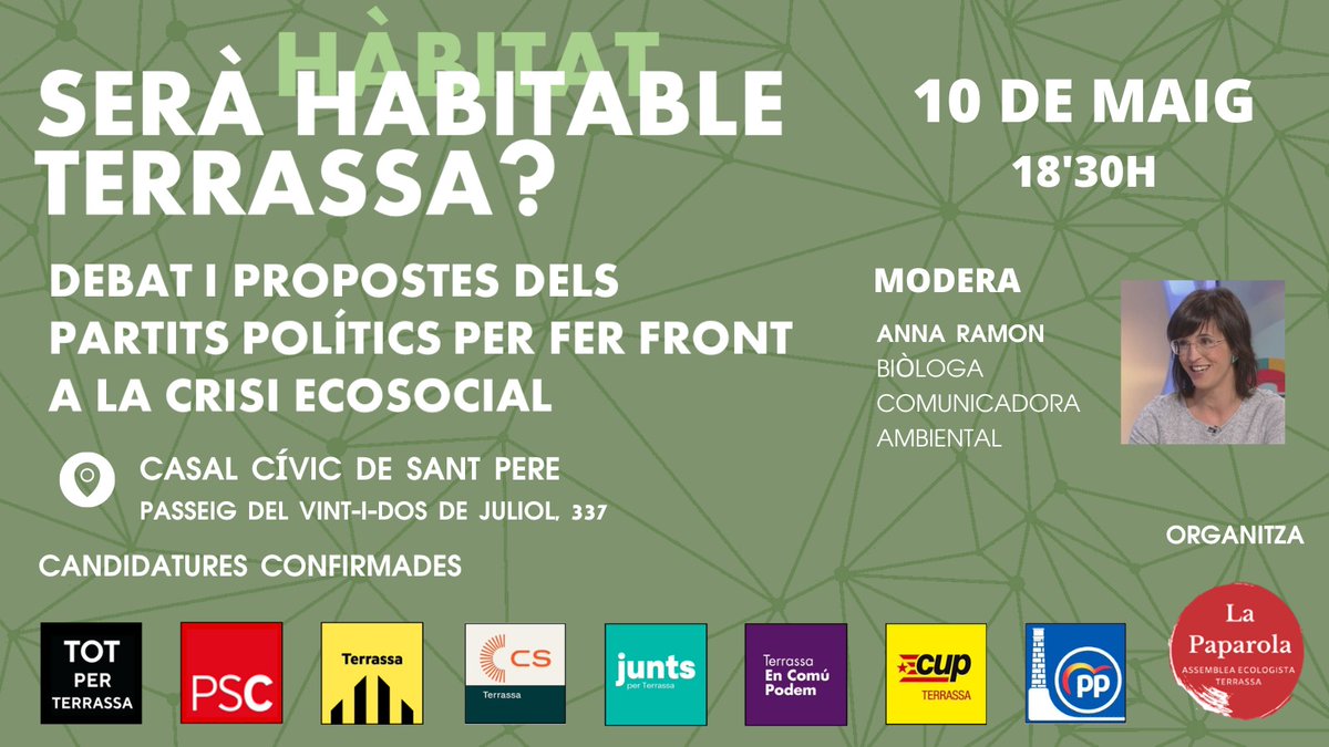 lapaparolaTRS's tweet photo. Les polítiques ambientals no van (només) de posar arbrat i reciclatge. Una veritable transició ecosocial necessita de polítiques valentes en molts àmbits. Per això us presentem els tres blocs en què organitzarem el debat del proper 10 de maig. Ens veiem al casal d'@AVVSantPere! https://t.co/804iCmw5ii