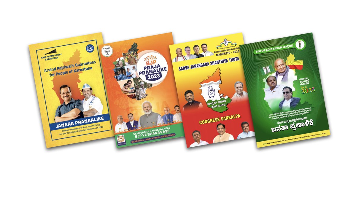We finally have manifestos from all the major parties: they give a glimpse into each party’s general policy framework, goals, programmes and welfare schemes

What do they say? 
#KarnatakaAssemblyElection  #KarnatakaAssemblyElection2023 
#BJP #Congress #JDS #AAP