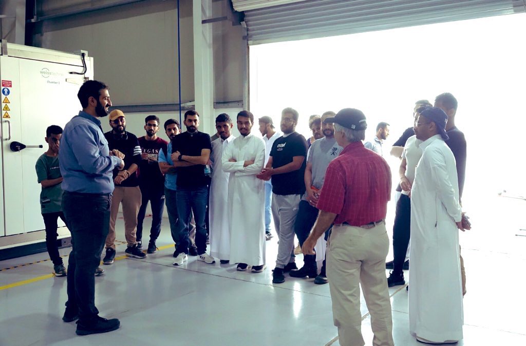 GCCELAB's tweet photo. As part of the company’s strategy to cooperate with universities and to enrich academic programs with practical applications; #GCC_Lab Renewable Lab hosted a group of @KFUPM students from
the Electrical Engineering Dept.
During the visit, students learned about the different technologies and physical specification of solar panels & received basic knowledge about testing to ensure safety, efficiency and quality to qualify solar systems for reliable performance that suits the climatic conditions in the Kingdom and Gulf Countries.