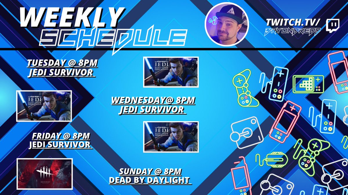 This Week's Schedule 📅🎉

🤘Tuesday 8PM - SW Jedi Survivor 

🤘Wednesday 8PM - SW Jedi Survivor   

🤘Friday 8PM - SW Jedi Survivor  

🤘Sunday 8pm -  Dead By Daylight   

See you there