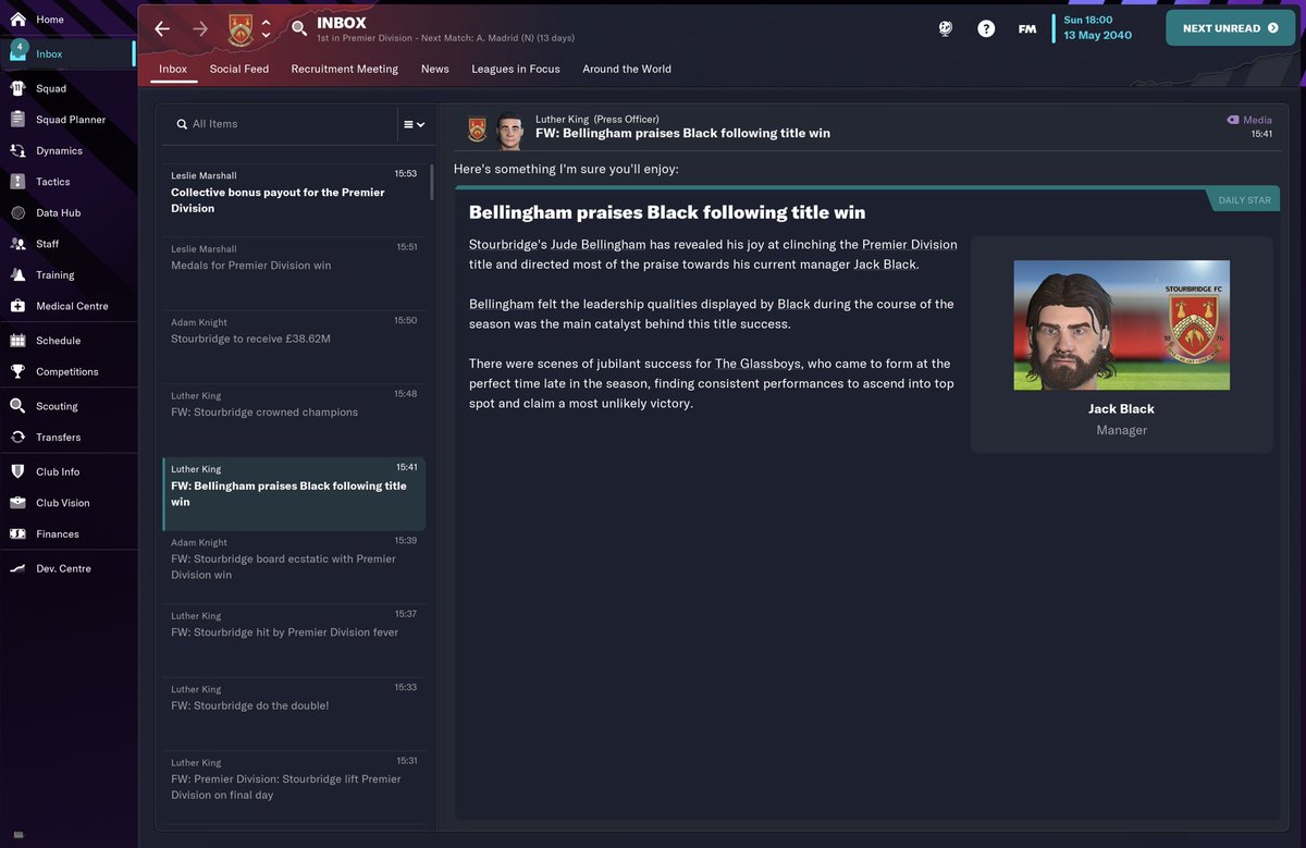 JacquesNoir's tweet photo. When @BellinghamJude captains @StourbridgeFC to a Premier League and Champions League  title on @FootballManager on Coronation Day. https://t.co/OVmOtkpmJm
