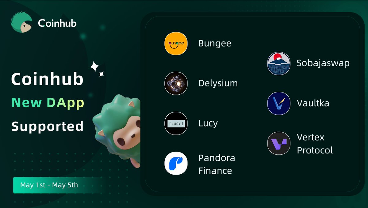 May 1st - May 5th: New DApps listed on #Coinhub Coinhub is a user-friendly multi-chain wallet. 📥coinhub.org @vertex_protocol @Vaultkaofficial @BungeeExchange @The_Delysium @The_Delysium @Sobajaswap @PandoraProtocol #DEX #NFTs #Staking #memecoin #zkSync