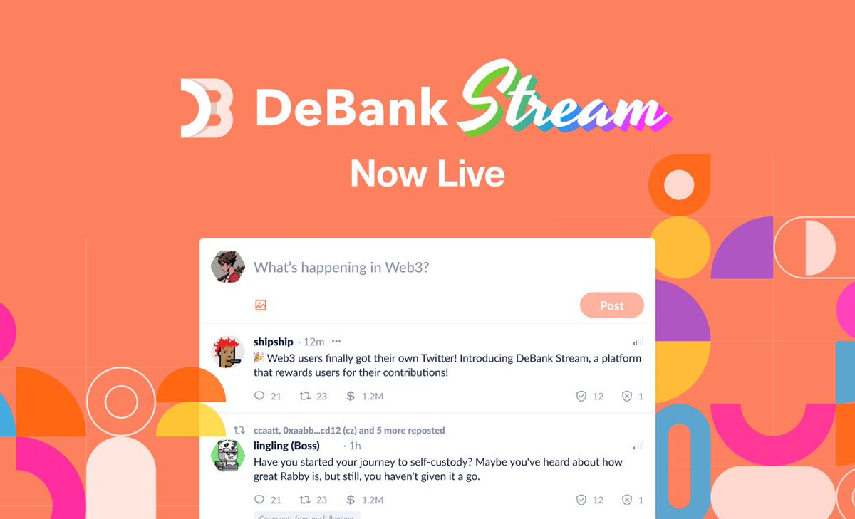 DeBankDeFi's tweet photo. 1/2

DeBank Stream, the Web3 social feed that calculates each user's contributions to the platform itself, is now live!

Speak out your first words to your followers now: https://t.co/QLfa8YU0m3 https://t.co/6TK1AYMPBk