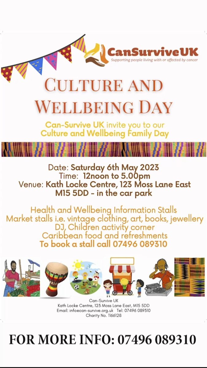 AdamHealthDev's tweet photo. Happening now... 👀👇

Culture &amp; wellbeing day, with food, market stalls, music &amp; more at the Kath Locke Centre, #Hulme organised by @CanSurviveUK 

#ThisVanCan to talk about or test for #ProstateCancer 

#CostOfLiving worries? Come speak to @BollyFit in English, Urdu or Punjabi https://t.co/xad1HZBxlG