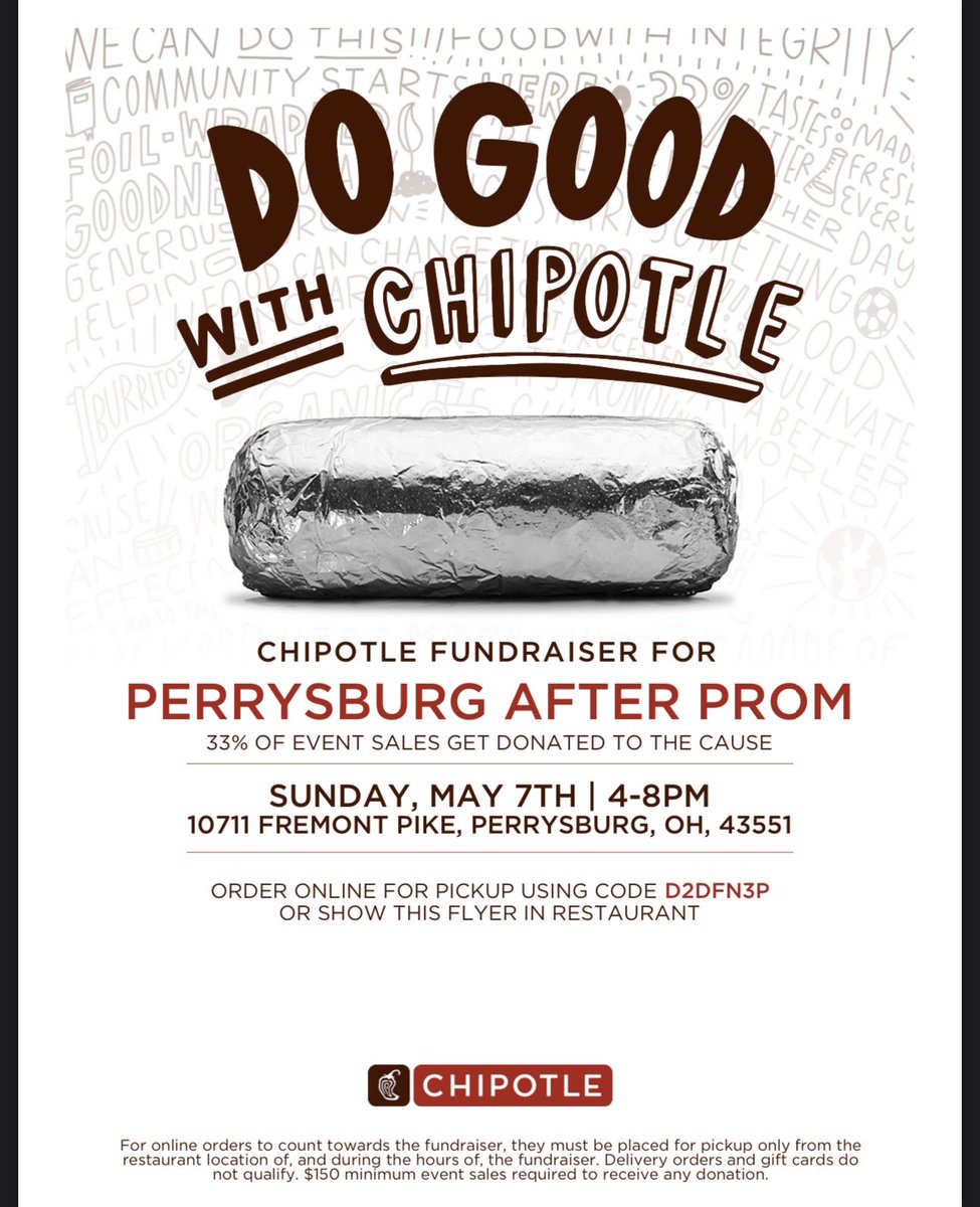 HelpingPhs's tweet photo. Help PHS After Prom and eat at Chipotle Sunday. Show this flyer or use the code D2DFN3P if ordering on line. thanks! https://t.co/sKvDFch5vv