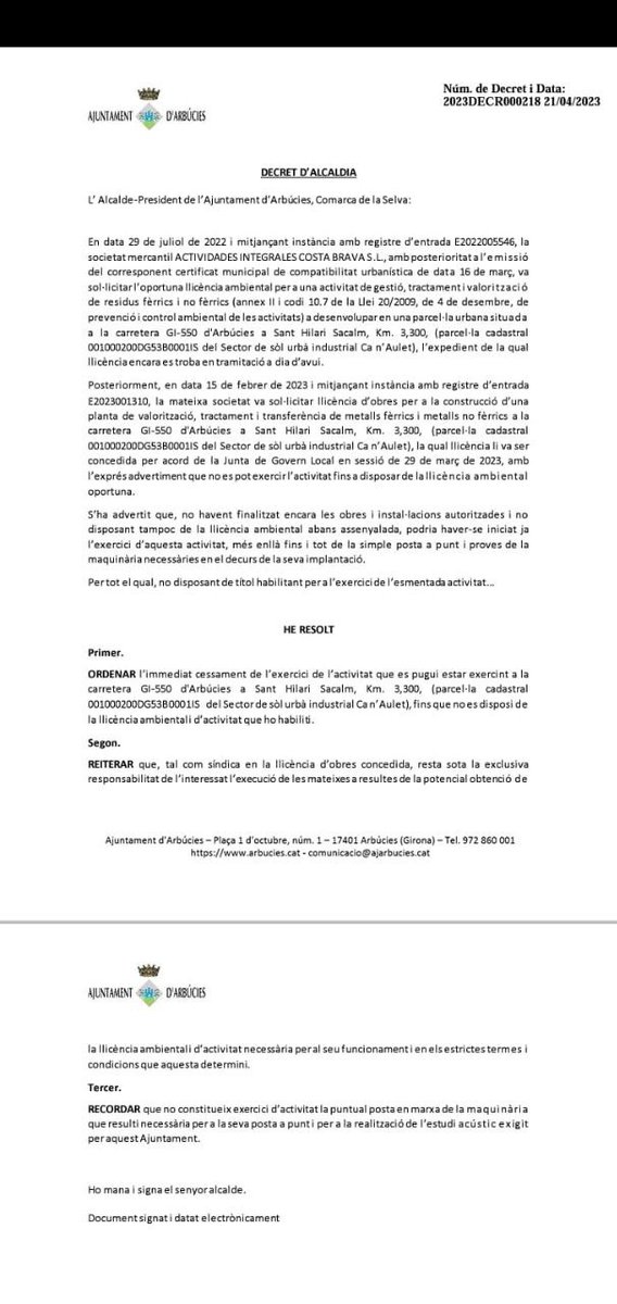 cuparbucies's tweet photo. ⚠️ L'alcalde reconeix que la trituradora d'alumini no té llicència ambiental ⚠️

El 16 d'abril vam sol·licitar la llicència d'activitats, la d'obertura d'activitats, la d'obres, la mediambiental i l'estudi d'impacte ambiental. El 21 d'abril el batlle va aprovar aquest decret 👇 https://t.co/hL5aPHqys4