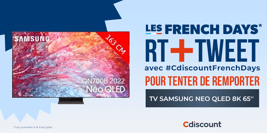 🎁 #Concours #Rappel
Tentez de remporter une TV SAMSUNG Neo Qled 8K 163 cm : bit.ly/3LEHNWE

✔️ RT + TWEET avec #CdiscountFrenchDays

🍀 TAS le 11/05