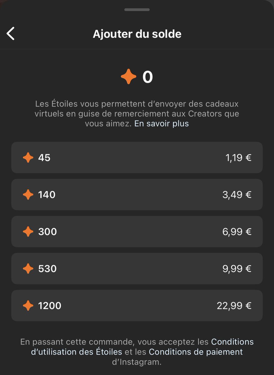Nouveauté sur Instagram 📷! À la manière de TikTok il est désormais possible d'acheter des "étoiles" avec lesquels on peut obtenir des cadeaux à offrir aux créateurs de la plateforme