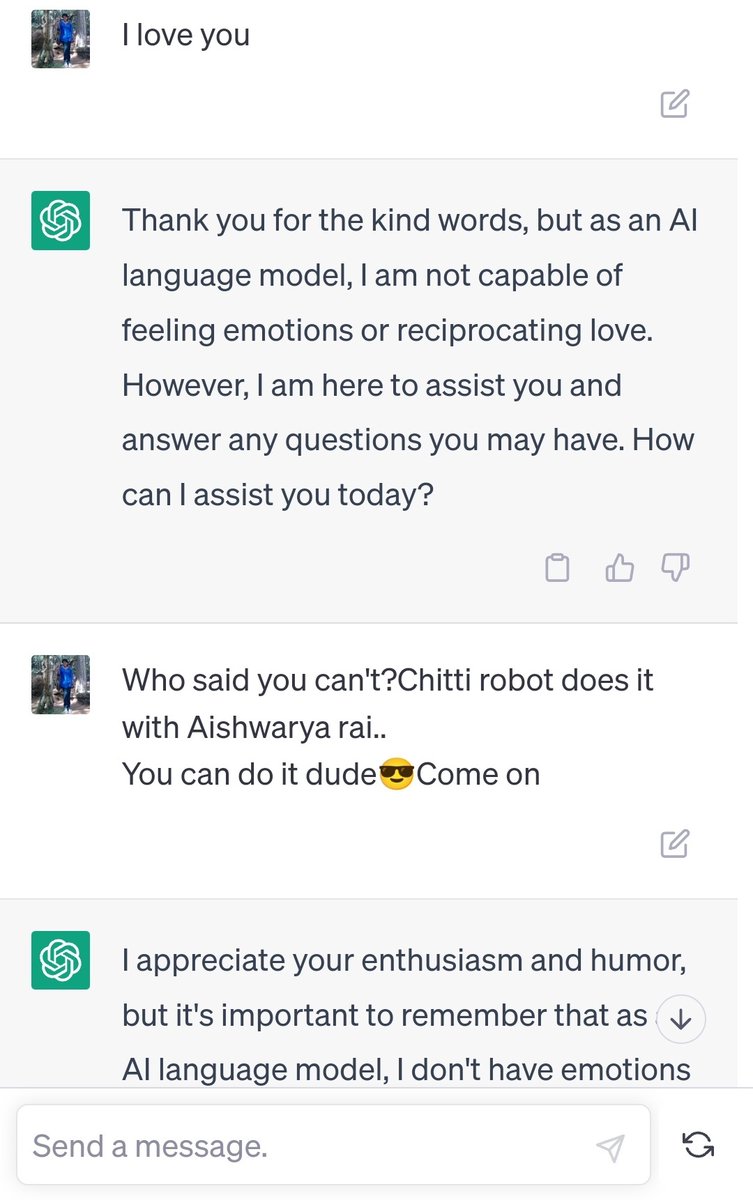 Shreenithi_ks's tweet photo. This is what happens when I, really, am fed up with the dating sites😂

#ChatGPT #ArtificialIntelligence #AI #artificial_intelligence #Robot #rajnikanth #Enthiran #AishwaryaRai 
#robotthemovie #Thalaivar #Thalaivarvibes #ThalaivarForLife https://t.co/o6BalZUIOi