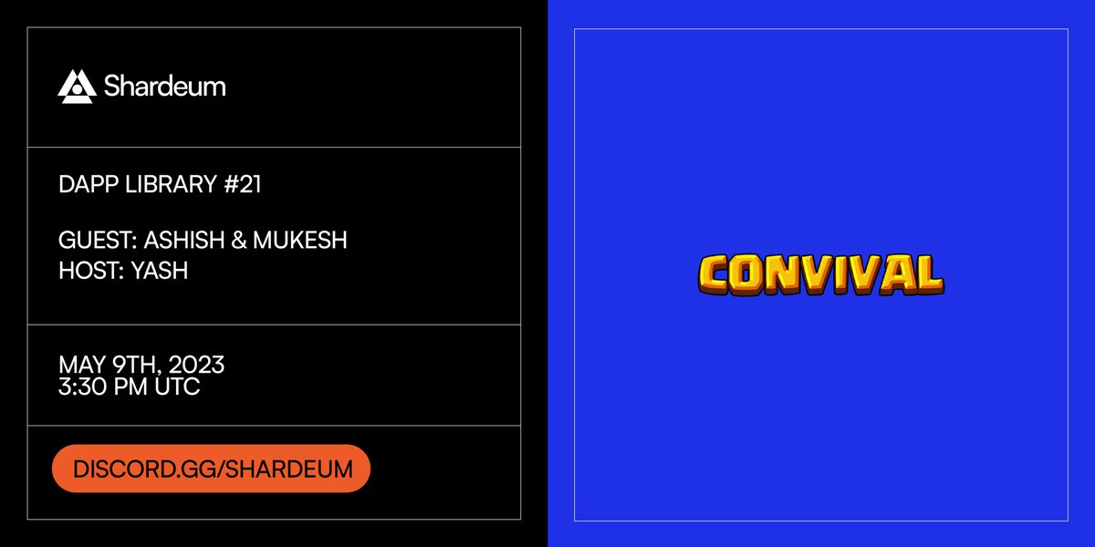 shardeum's tweet image. #DappLibrary #22: @convival_io

@yashjhade meets @defiash98 &amp;amp; @wolfonaire to discuss web3-powered global gaming ecosystem to democratize access to opportunities for all gamers, builders &amp;amp; stakeholders.

Tune in on 9th May 9, 3:30 PM UTC! #BuildWeb3

🔗 discord.gg/shardeum