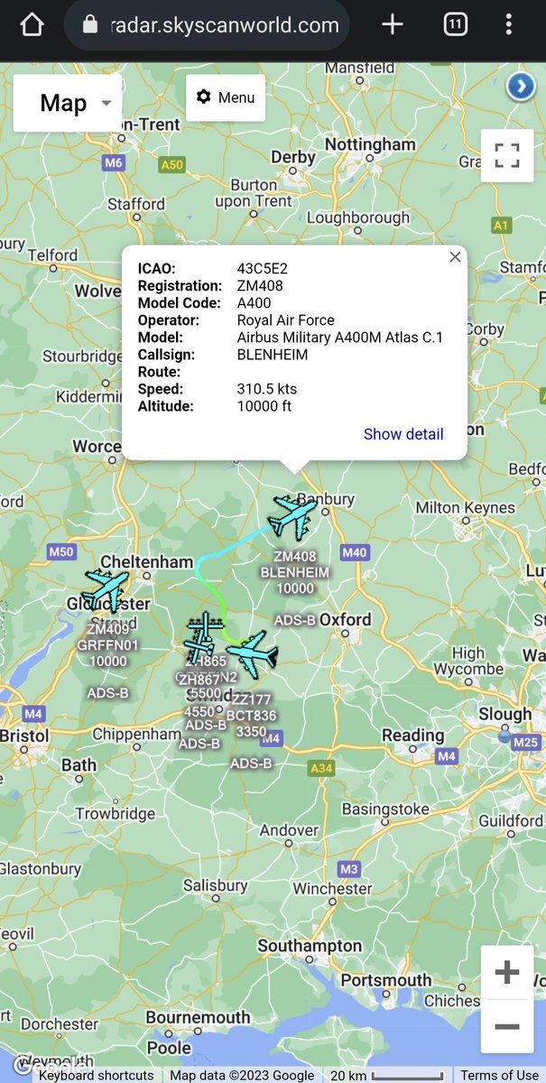 scan_sky's tweet photo. Flights Out Of RAF Brize Norton 🇬🇧 Out In Preparation For The #Coronation Flypast.

2 x #RAF 🇬🇧 - A400M - #ZM409 - #GRFFN01/#ZM408 - #BLENHEIM 
2 x #RAF - C-130J-30 - #ZH867/#ZH865 - #GRIFFIN Flight
#RAF 🇬🇧 - C-17 - #ZZ177 - #BCT836
#RAF 🇬🇧 - Airbus Voyager - #ZZ337 - #TARTAN https://t.co/pnnNdsYGGF