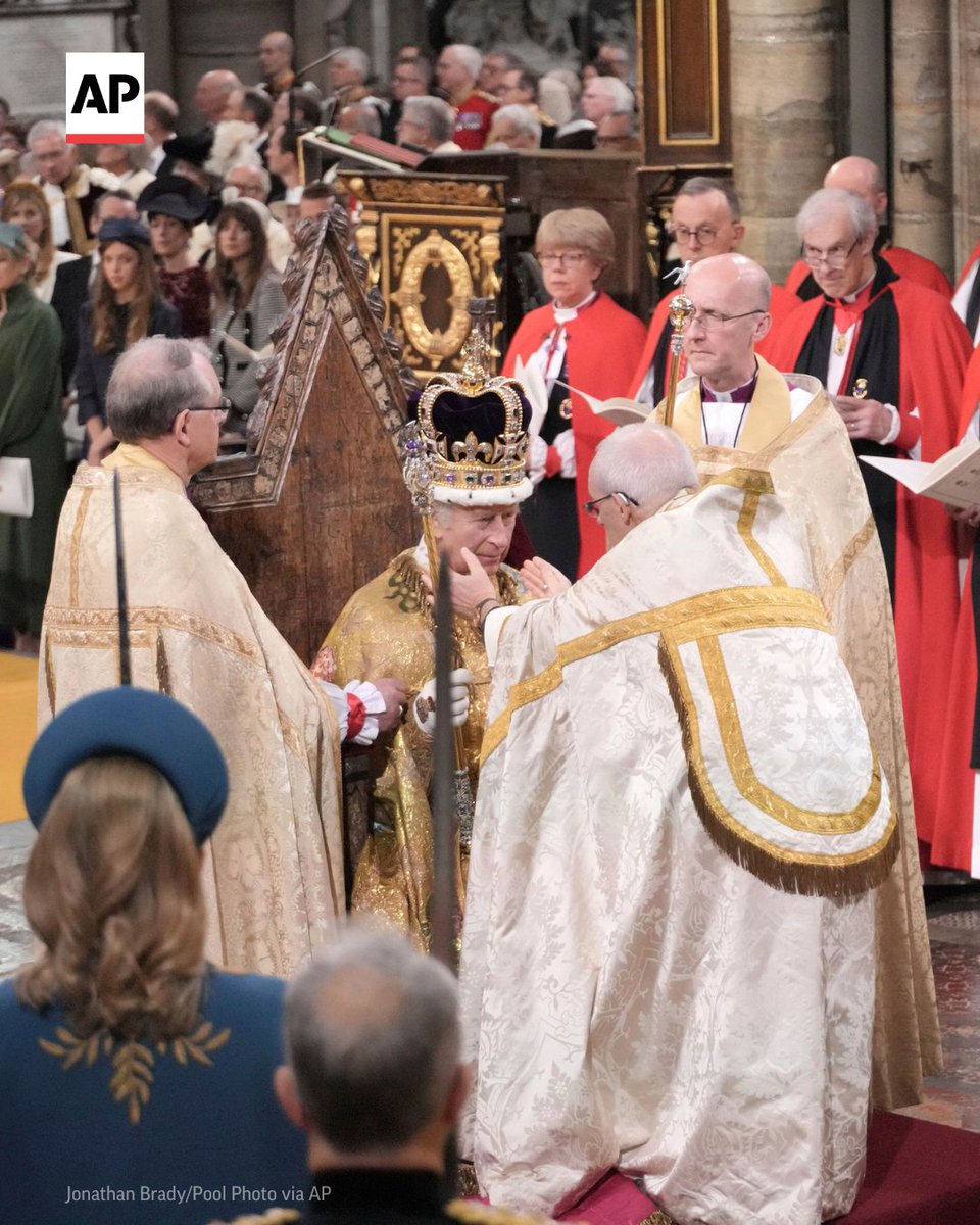 AP's tweet photo. King Charles III was crowned at Westminster Abbey, in a ceremony built on ancient traditions at a time when the British monarchy faces an uncertain future.

The crowning is the only time during his reign that Charles will wear the solid gold crown.
https://t.co/CvPzjZuA9e https://t.co/VwvkbcaigJ