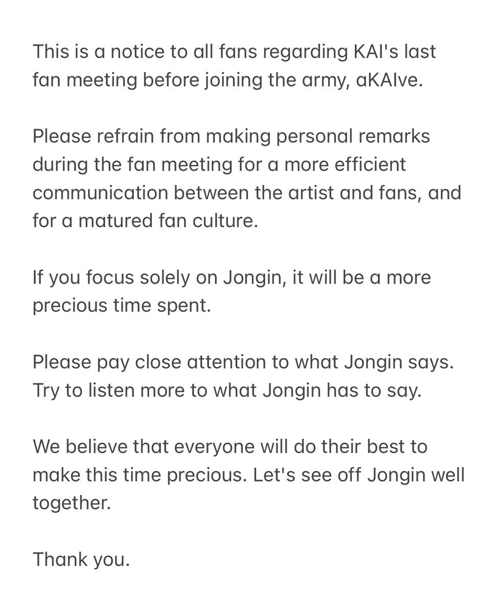 KaiS2com's tweet photo. 📣 aKAIve 를 위해 안내 말씀 드립니다.

📣 ANNOUNCEMENT for EXO-Ls abroad who are attending the aKAIve

아티스트와의 원활한 의사소통을 위해 팬미팅에서 개인 멘트를 자제해 주세요. 

종인이의 말에 귀를 기울여 주시고 온전히 종인이에게 집중해 주시길 부탁드립니다. 

감사합니다. https://t.co/GCpr4Pwyk1