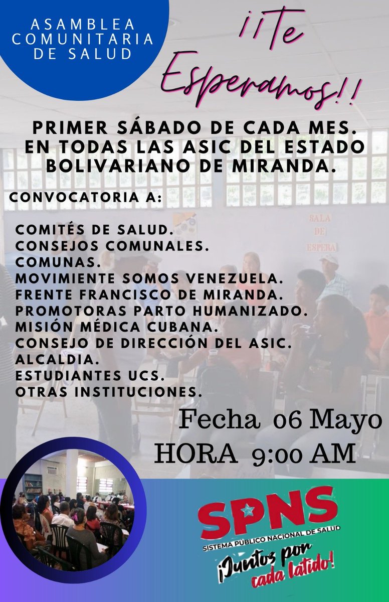 MPPSMiranda's tweet photo. #6May 🗣️📢Asiste este sábado, a partir de las 9am, a la Asamblea Comunitaria de tu ASIC, con los #ComitéDeSalud, las diversas estructuras del #PoderPopular y Movimientos sociales. Tu participación fortalece al Sistema Público Nacional de Salud @guillenmarelia #ConMaduroMeResteo https://t.co/WohD4Gi0By