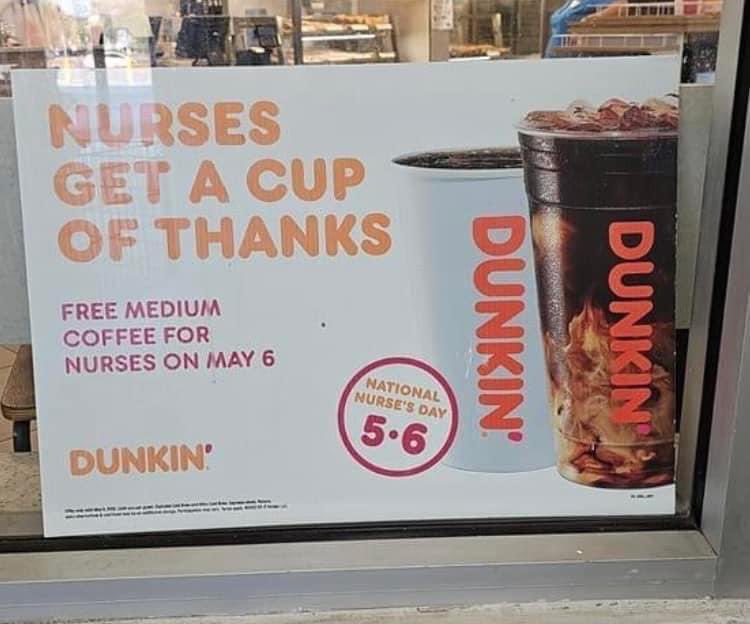 JKatzRN's tweet photo. @dunkindonuts so today is Nurses Day and you aren’t giving your New England Nurses a free coffee today? You can do better. Nurses keep Dunkin running. https://t.co/evwCJKThT3