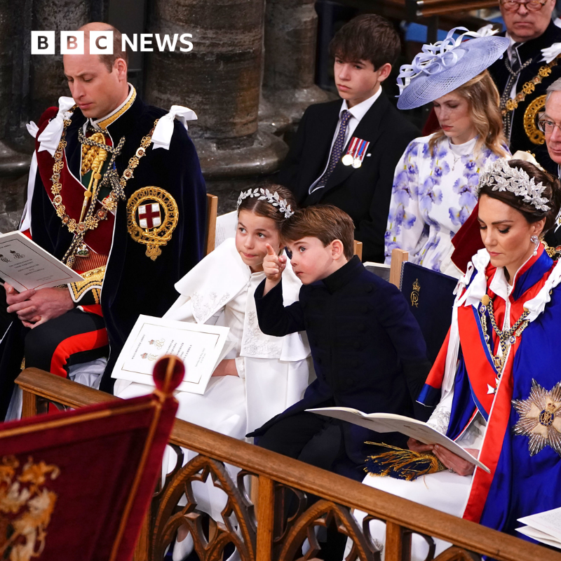 BBCNews's tweet photo. The young Royals are sitting between their parents as they watch their grandfather King Charles's Coronation