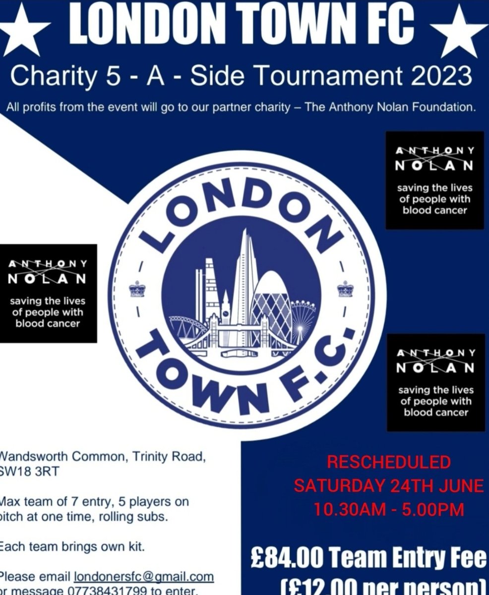 LondonersFC's tweet photo. RESCHEDULED: SAT 24TH JUNE

Only 7 places left, get your spot now!

Dm us, drop a whatsapp on 07738431799 or email londonersfc@gmail.com to secure your place for this amazing event!

#charitytournament #5aside #anthonynolan #londonfootball #grassrootsfootball #charity5aside https://t.co/EnvWffip77