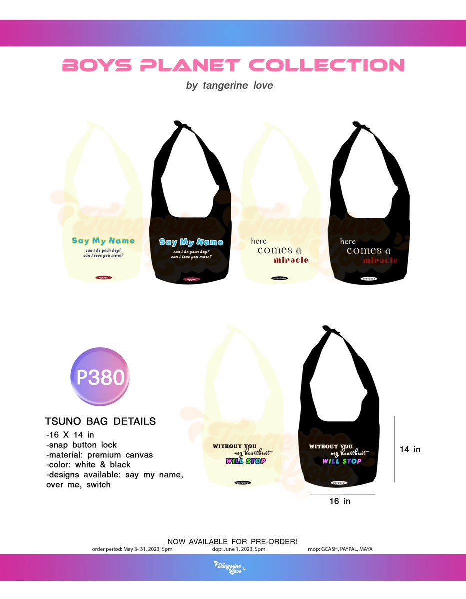 tangerineloveph's tweet photo. Are you Team Say my Name? Switch? or Over me? 

Here's our last Boys Planet Collection inspired merch! We are now OPEN for PRE-ORDER.
      ⤷ DOO: May 3-31, 2023, 5pm
      ⤷ DOP: June 1, 2023, 5pm

see order form for more details ❕
ORDER NOW! 🔗:https://t.co/ncCs4rssWt https://t.co/hp8Vj54nIy