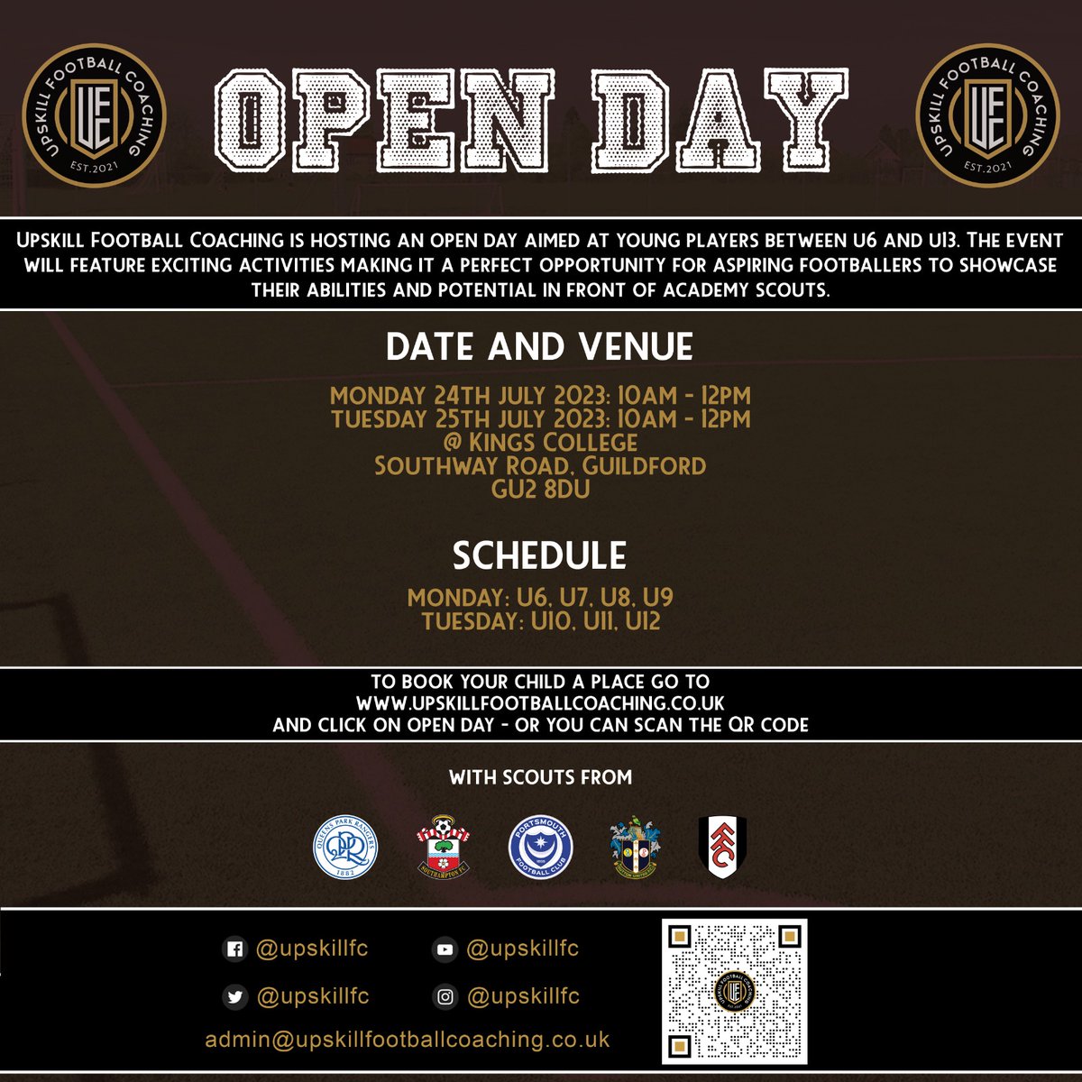 KingRaymond795's tweet photo. Come join us for a thrilling day of football at Upskill Football Coaching's open day! Meet expert coaches, make new friends, and have fun for just £5. Wear moulded studs and bring your enthusiasm. Register now and see you on the pitch! #football #openday #talentID https://t.co/aMLdjM5VD0