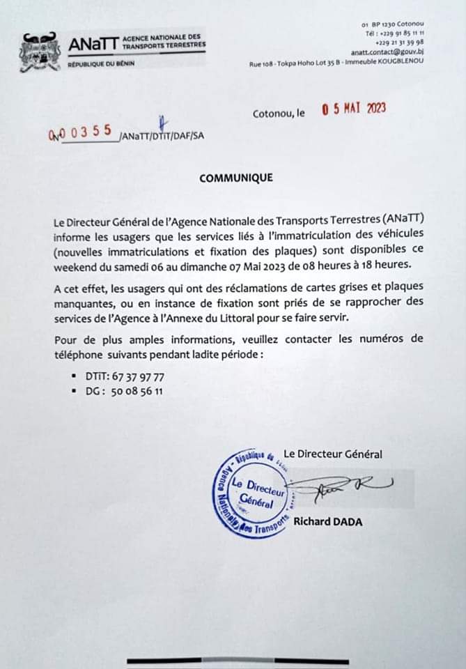 actualites229's tweet photo. 🇧🇯 Le DG/#ANaTT informe les usagers que les services liés à l'immatriculation des véhicules sont disponibles ce week-end du samedi 06 au dimanche 07 mai 2023 de 08H à 18H.
Pour plus d'info :
- DTT : 67 37 97 77
- DG : 50 08 56 11
▶️Plus de détails dans le communiqué ci-joint 👇🏾 https://t.co/VdDjSQbDBY