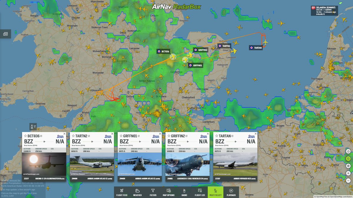 AirNavRadar's tweet photo. 🛩️ Top 5 most tracked flights are: #BCT836, #TARTN2, #GRFFN01, #GRIFFIN2, #TARTAN: https://t.co/ifThpfZfMd in preparation for the #Coronation Flypast 👑🗺️ https://t.co/5OooTnfYRH