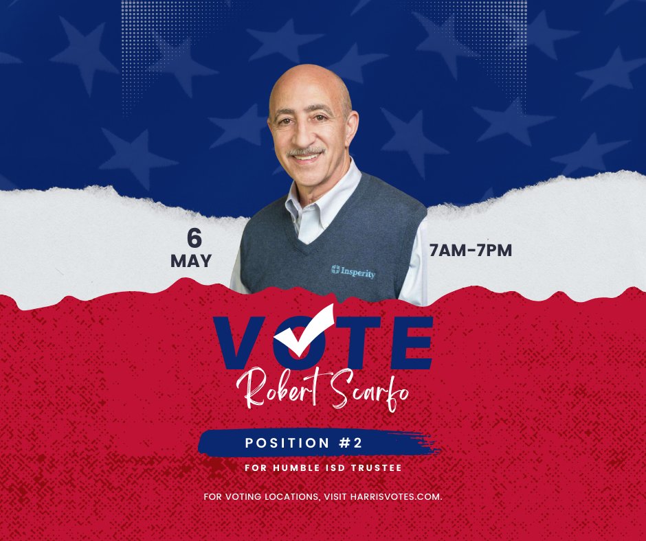 It's election day! Polls are open from 7am-7pm today. Please remind your friends and family to get out and vote for the leader you can trust on the <a href="/HumbleISD/">Humble ISD</a>  board to continue bringing leadership, fiscal oversight, and transparency. #teamScarfo