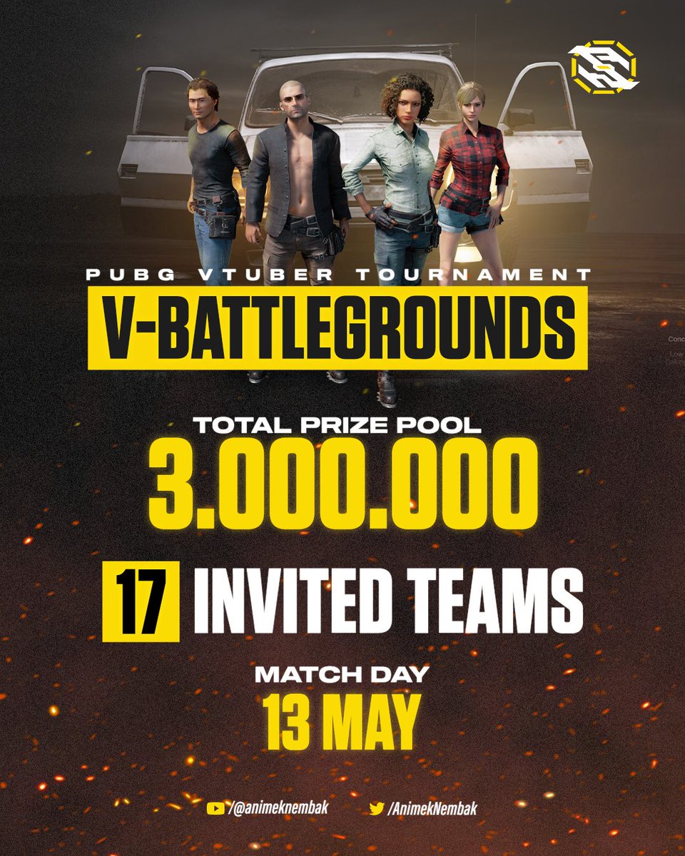 AnimekNembak's tweet photo. Animek Nembak presents,

PUBG V-BATTLEGROUND Invitational Tournament.
17 invited teams with a total of IDR 3.000.000 as the prize pool!
Show us your best performance, so mark the date:

Tech Meet: 10th May, 8 PM GMT +7
Scrimmage: 12th May, 7 PM GMT +7
Match Day: 13th May, 7 PM +7 https://t.co/mXQia40x61