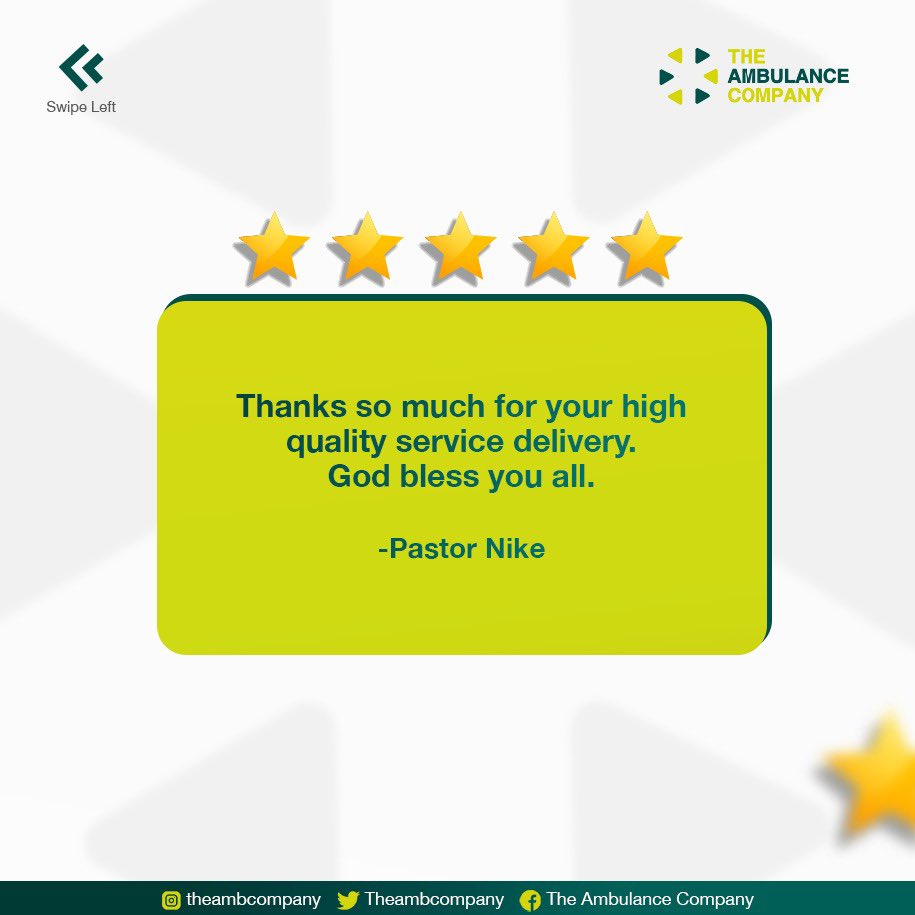 Theambcompany's tweet photo. Don't just take our word for it,  hear from some of our satisfied clients!

#reviews #clientfeedback❤️ #ambco #topnotchservice #ambulance #lagos #ems  #rapidresponse #emergencyresponse https://t.co/RbIieHiYCl