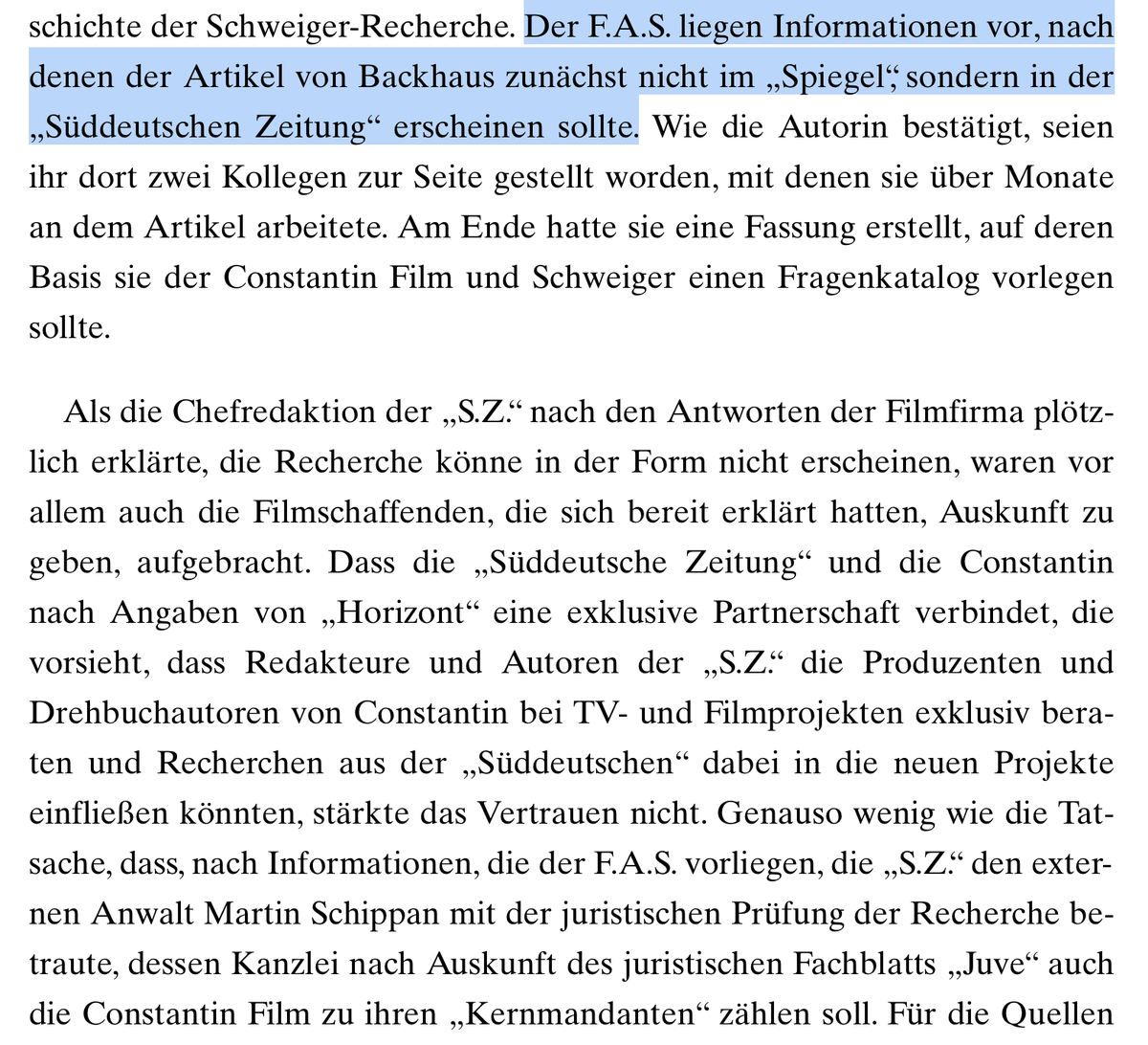 Holla: @jencke3 enthüllt in der FAS, dass die 
#TilSchweiger-Recherche von <a href="/maike__backhaus/">Maike Backhaus</a> im @DerSpiegel eigentlich in der <a href="/SZ/">Süddeutsche Zeitung</a> erscheinen sollte. Die wollte sie aber plötzlich nicht mehr bringen. Womöglich wegen ihrer großen Nähe zu <a href="/ConstantinFilm/">Constantin Film</a>? faz.net/aktuell/feuill… (€)