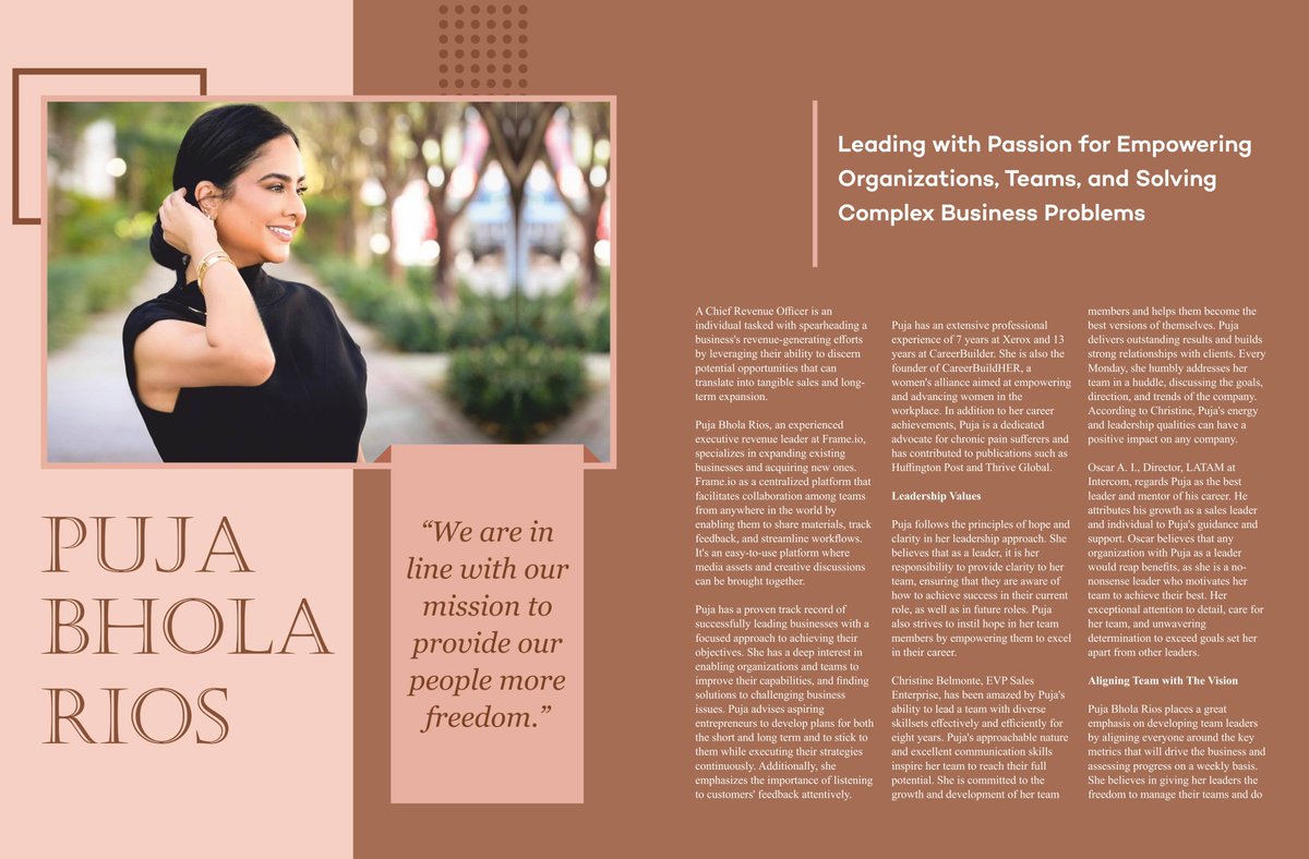 worlds_leaders's tweet photo. Featuring Puja Bhola Rios @pujarios , Chief Revenue Officer of Adobe @Adobe (https://t.co/xVdxJkj1a7) @Frame_io , by 𝙒𝙤𝙧𝙡𝙙’𝙨 𝙇𝙚𝙖𝙙𝙚𝙧𝙨 𝙈𝙖𝙜𝙖𝙯𝙞𝙣𝙚 Under 𝐖𝐨𝐫𝐥𝐝’𝐬 𝐑𝐢𝐬𝐢𝐧𝐠 𝐇𝐢𝐠𝐡 𝐖𝐨𝐦𝐞𝐧 𝐋𝐞𝐚𝐝𝐞𝐫𝐬 𝐌𝐚𝐤𝐢𝐧𝐠 𝐚 𝐃𝐢𝐟𝐟𝐞𝐫𝐞𝐧𝐜𝐞𝐬 𝐢𝐧 𝟐𝟎𝟐𝟑

Below are highlights of the interview conducted between World’s Leaders and Puja Bhola Rios👇
https://t.co/ZZmb3Z8sfN

🌐Digital Magazine Edition 👉 https://t.co/CTp9OR1OdA
🌐Web Magazine Edition  👉 https://t.co/wr3wMj3mdR

#worldsleaders #leadership #RisingHighWomenLeaders #featured #magazine #latest #edition #coverstory #interview #leaders #latestnews #entrepreneurs #visionaryleadership #WorldsLeadersMagazine #businessmagazine