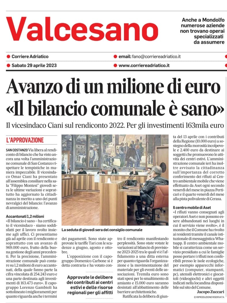 Omar_Ciani's tweet photo. Riporto due articoli di giornale, Resto del Carlino e Corriere Adriatico, sull'approvazione del consuntivo 2022. 🗞

Rendiconto che offre circa 1milione di euro di avanzo da poter investire sul nostro territorio. 💪🏻
🇮🇹

#SanCostanzo #Marche https://t.co/OZg2regIxT