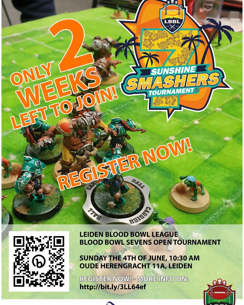 Only two weeks to go before the registration deadline closes! Registration for the LBBL: Sunshine Smashers Tournament closes on May 19th. Enter the first official Blood Bowl Sevens tournament in the Netherlands! 

Join now: bit.ly/3LL64ef #bloodbowl #warhammercommunity