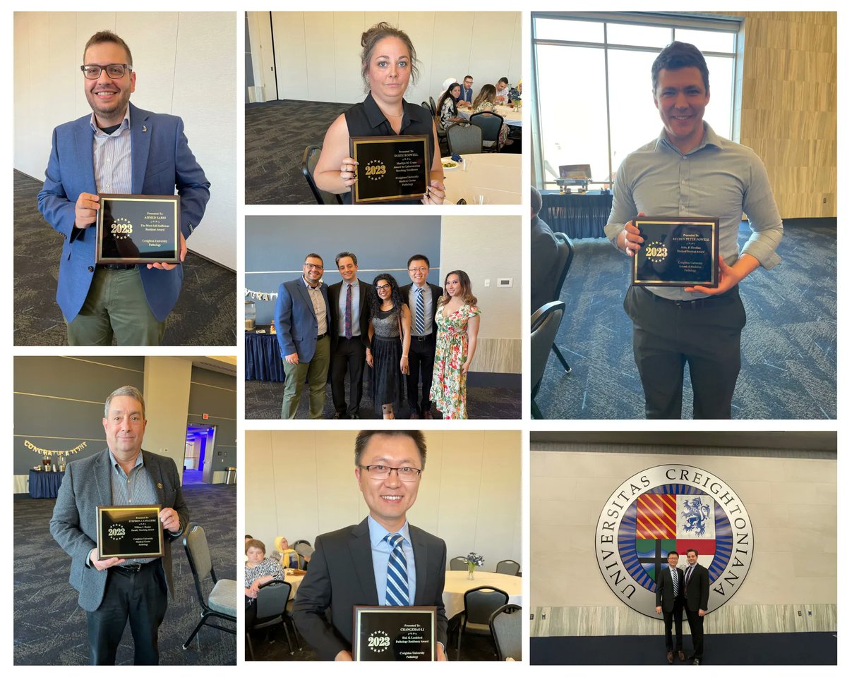 CreightonGme's tweet photo. Congratulations to our graduating Pathology residents, Changzhao "Jack" Li and Rasam Hajiannasab! At graduation, awards were given out to Pathology faculty, residents, and medical students. https://t.co/Cjno4q9Rkw