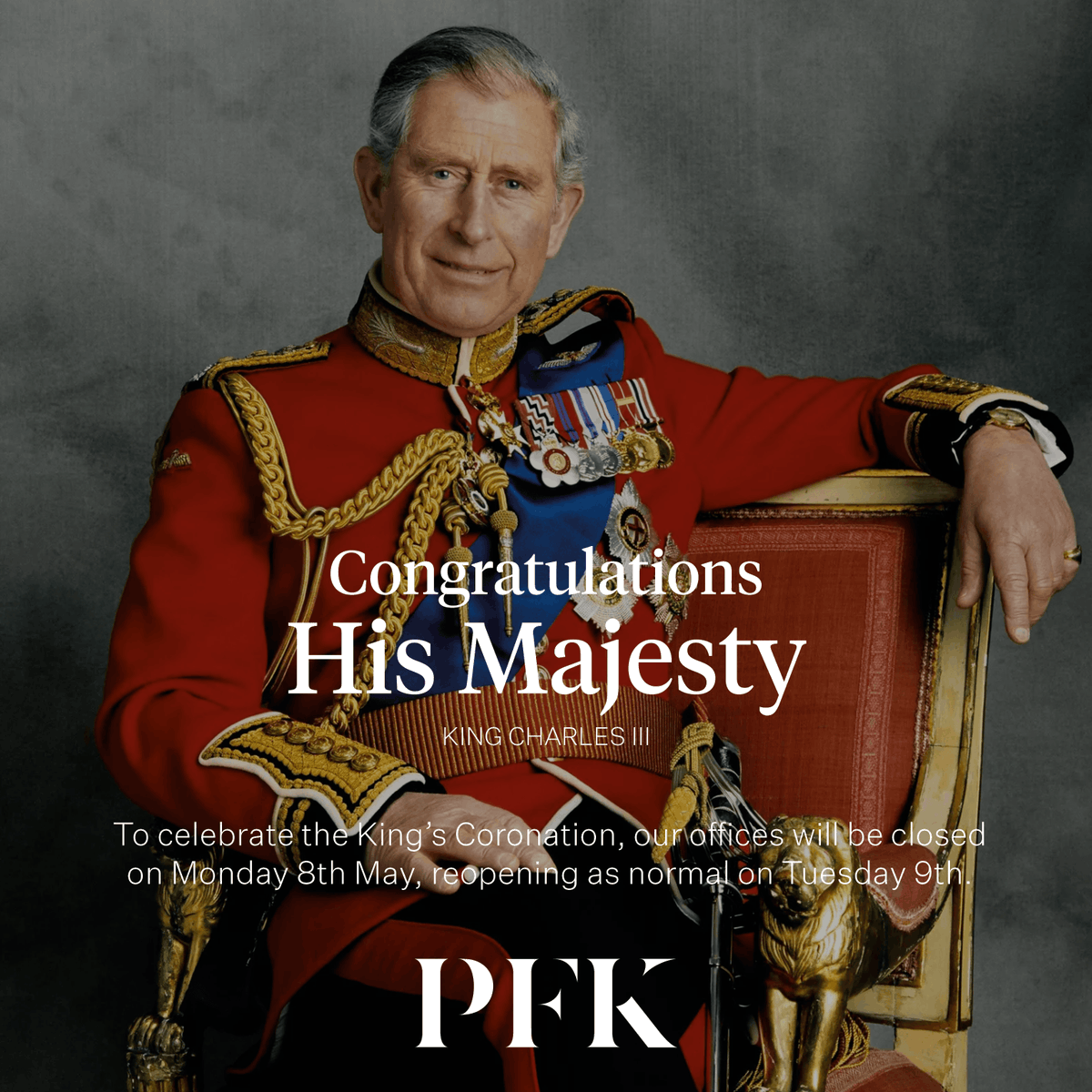 pfkrural's tweet photo. Congratulations to His Majesty 🇬🇧 👑

To celebrate the King's Coronation, our offices will be closed on Monday 8th May, reopening as normal on Tuesday 9th.

#KingCharlesIII #Coronation https://t.co/NeVO1x1EEK