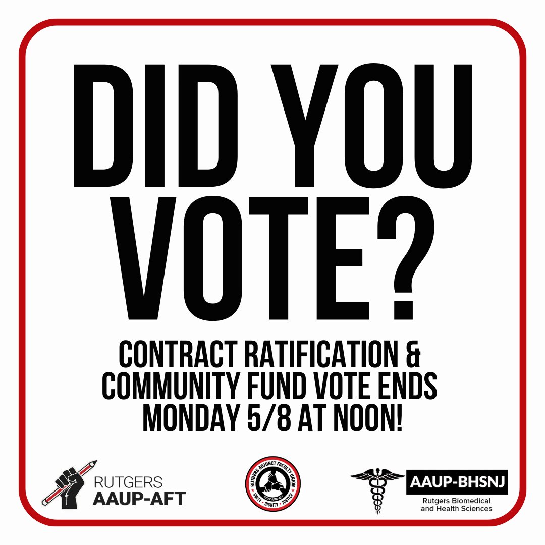 Good morning <a href="/RutgersU/">Rutgers University</a>! Have you voted yet??? 
Voting on ratification and supporting the community fund closes Monday 5/8 <a href="/12noon/">Nooner</a>!
Check your spam folder or other emails if you do not see it at first.
Fill out this form if you still can’t find your ballot: loom.ly/5MRKdgo