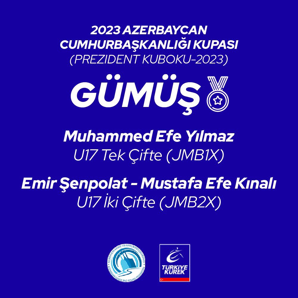 TurkiyeKurek's tweet photo. 2023 AZERBAYCAN CUMHURBAŞKANLIĞI KUPASI
#PrezidentKuboku2023

🥈Muhammed Efe Yılmaz - U17 Erkekler Tek Çifte (JMB1X)

🥈Emir Şenpolat / Mustafa Efe Kınalı - U17 Erkekler İki Çifte (JMB2X)

#TürkiyeKürek #TürkiyeKürekFederasyonu #KürekMilliTakımı @TeamTurkiye @TMOK_Olimpiyat https://t.co/fJWDzFbc8N