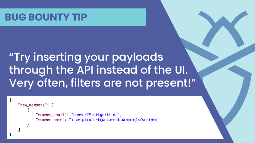 bug_bounty_tips's tweet photo. Bug bounty tip: if none of your XSS payloads are firing - try to insert them through the API! 😈#BugBountyTip #HackWithIntigriti https://t.co/uMqy4MbLLH