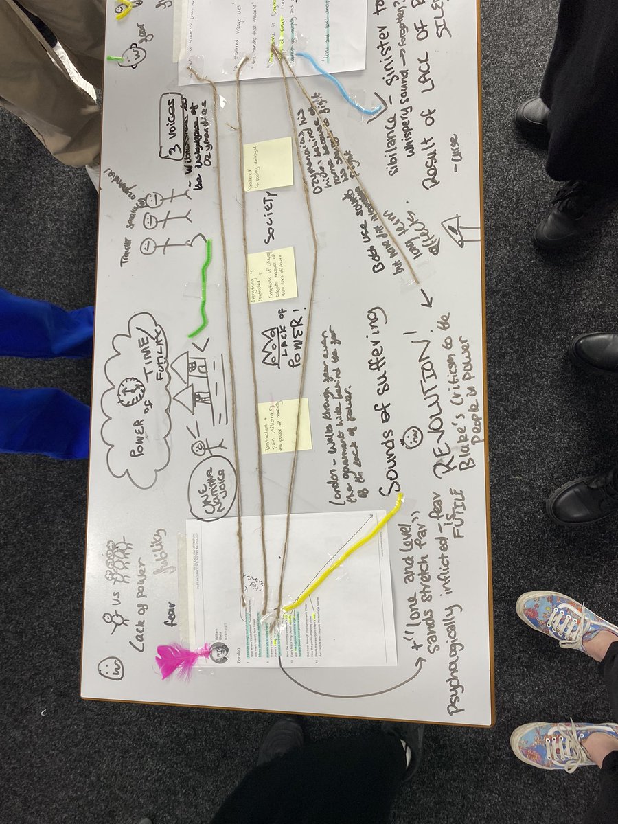 Some Power and Conflict revision. Finding specific connections across the text. The freedom to write on tables and work with texts in a tangible way. Productive conversations between students. #teamenglish @Team_English1