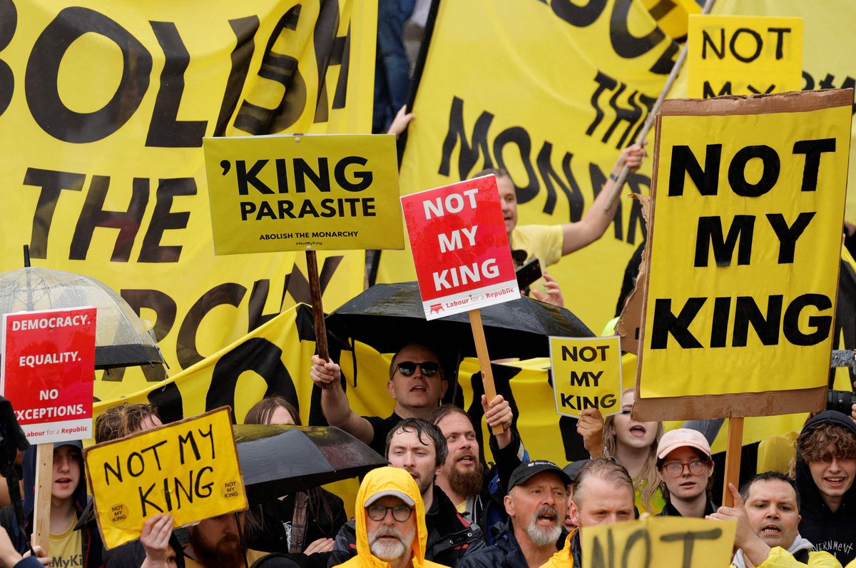 washingtonpost's tweet image. Just a mile away from London’s Westminster Abbey where King Charles III was crowned, thousands of his subjects protested against the monarchy — and at least seven people were detained by police. Protesters shouted “Not My King” and were met with monarchists trying to drown them