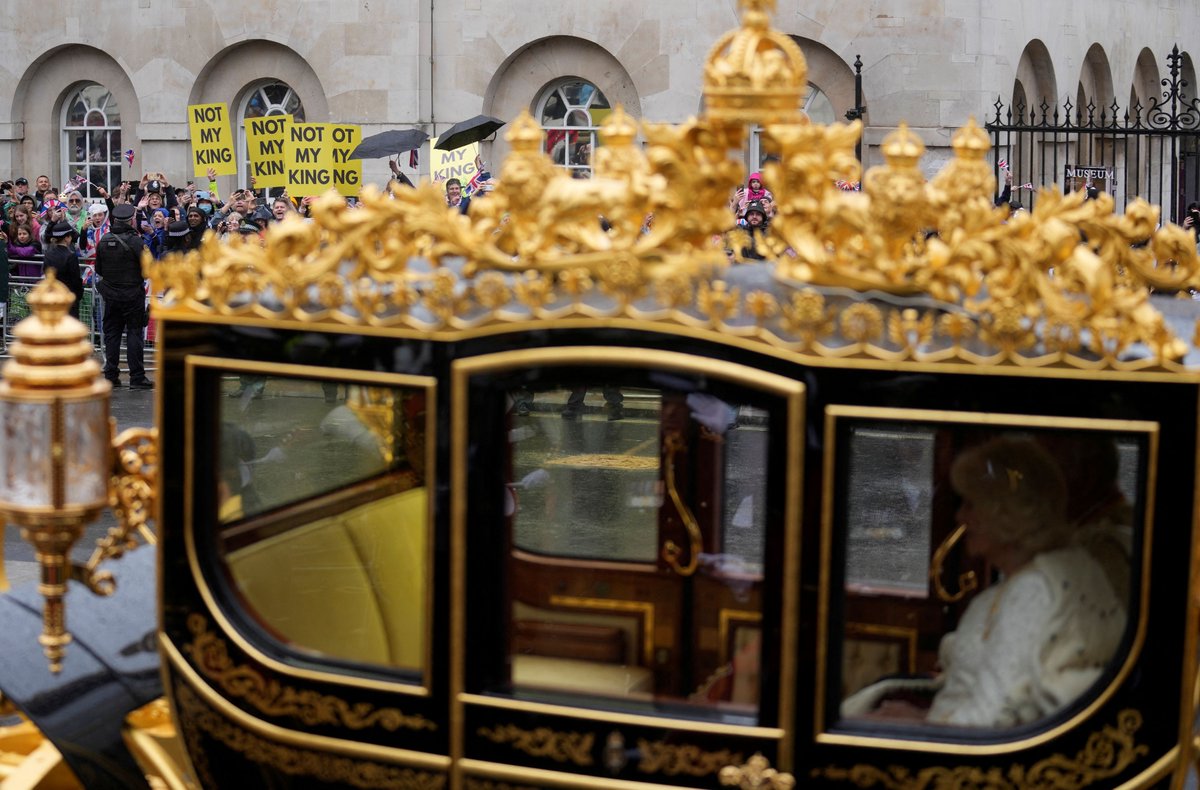 washingtonpost's tweet image. Just a mile away from London’s Westminster Abbey where King Charles III was crowned, thousands of his subjects protested against the monarchy — and at least seven people were detained by police. Protesters shouted “Not My King” and were met with monarchists trying to drown them