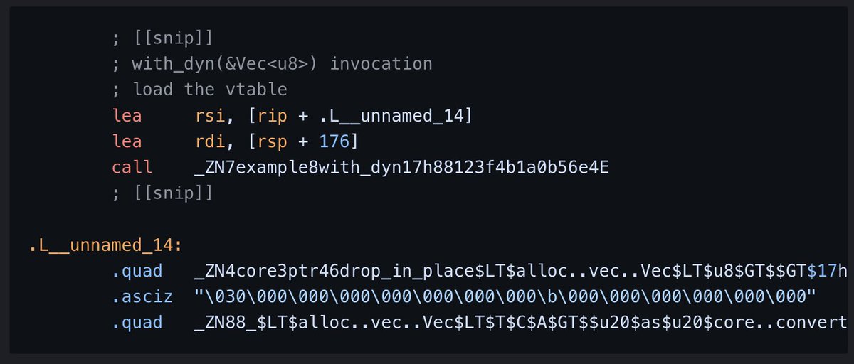sudo_build's tweet photo. #RustProTip

Use impl for generic monomorphization, dyn for dynamic dispatch.

In the generated assembly, with_impl is generated once for each parameterization. with_dyn is generated once, but a vtable is required at runtime.

#rust #rustlang #programming https://t.co/iNCfuIDh48