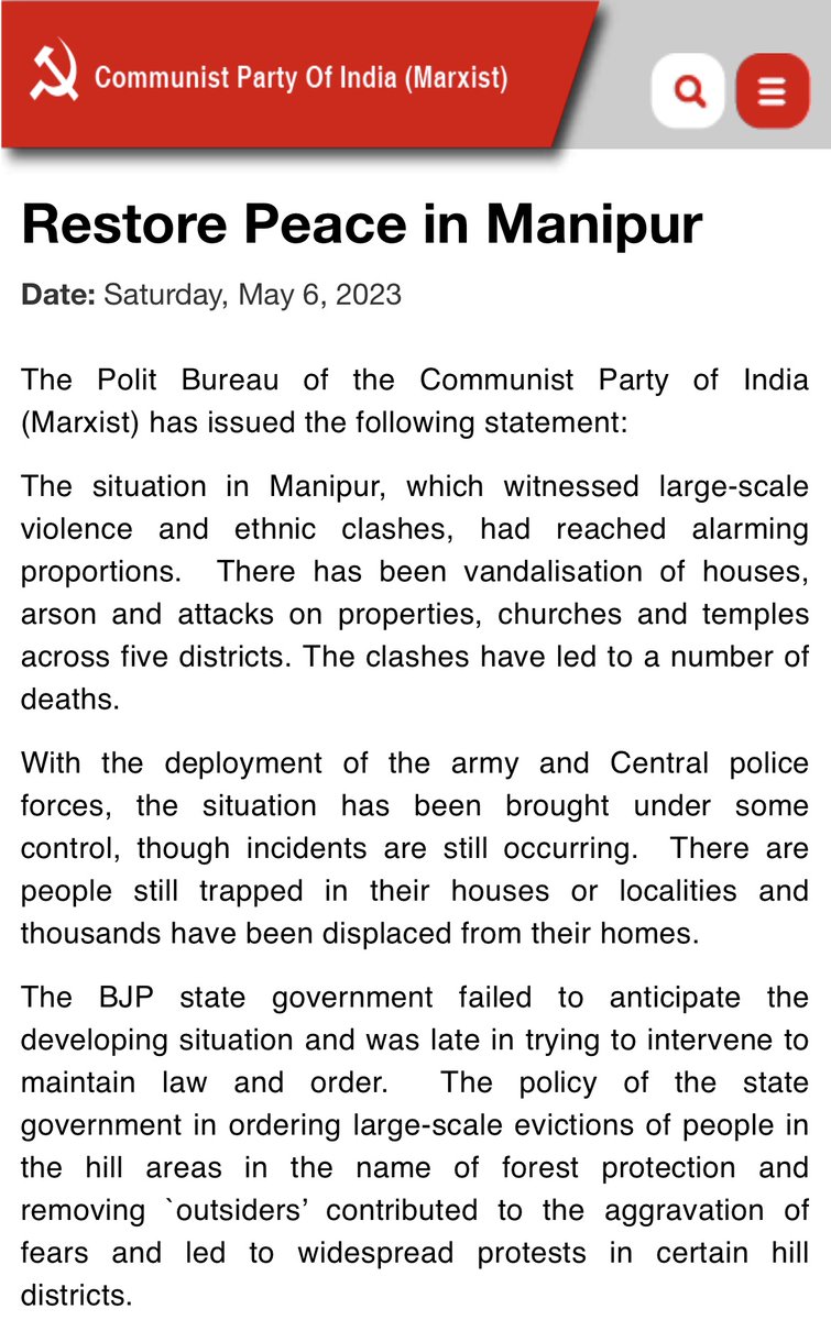 SitaramYechury's tweet photo. The BJP state government failed to anticipate the developing situation and was late in trying to intervene to maintain law and order.
Immediate task is to restore peace &amp; normalcy.
https://t.co/TkluhRUZOe https://t.co/nPVCily0u1