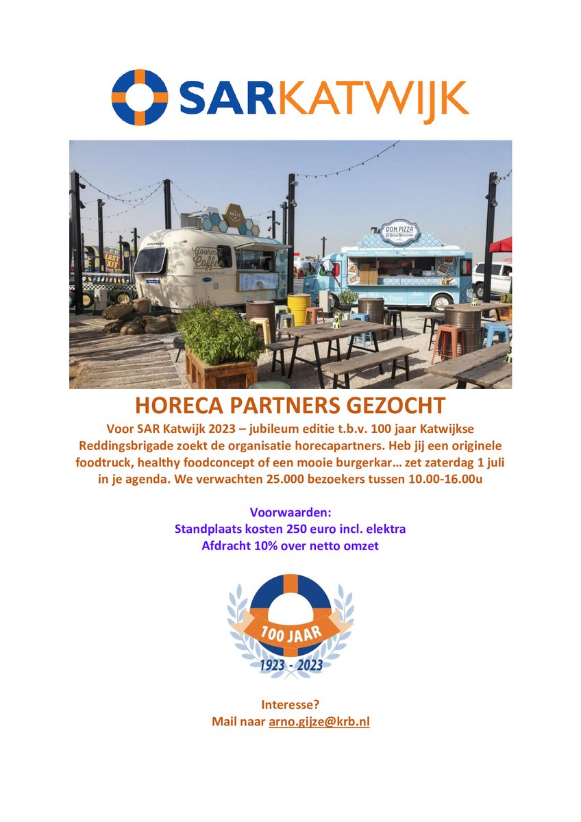 Wegens een afzegging van een horecapartner is er een plekje vrij gekomen op ons horecaplein. Heb je een originele foodtruck of een healthy foodconcept?  En wil je alsnog deelnemen? Neem gerust contact met ons op! #horeca #SARKatwijk