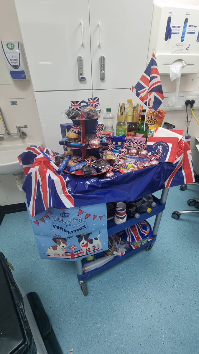 39_lri's tweet photo. Coronation Celebrations on Ward 39/OAU 👑 🤴 Thank you to our lovely HCA Jayne for organising, and a thank you to all staff who donated food and drinks for patients ☺️ https://t.co/ypAOgb47KA